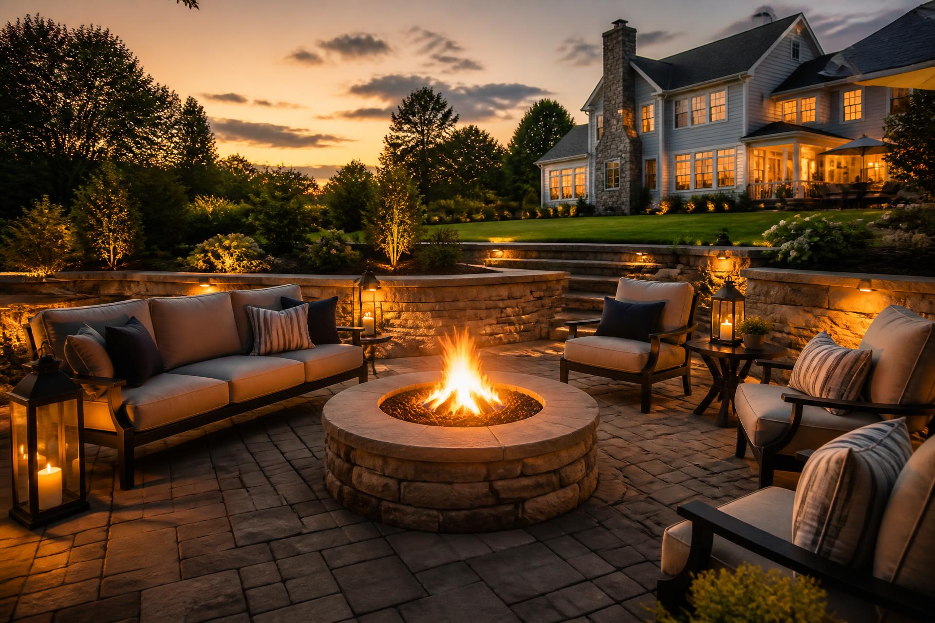 Luxury paver patio with a stone fire pit and lounge seating at dusk