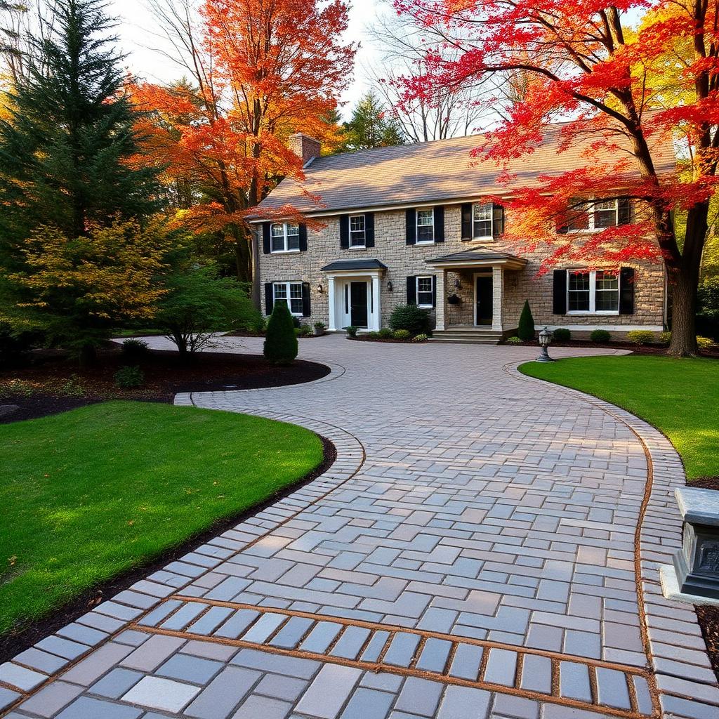Paver driveway with cobblestone border in front of a New England colonial home