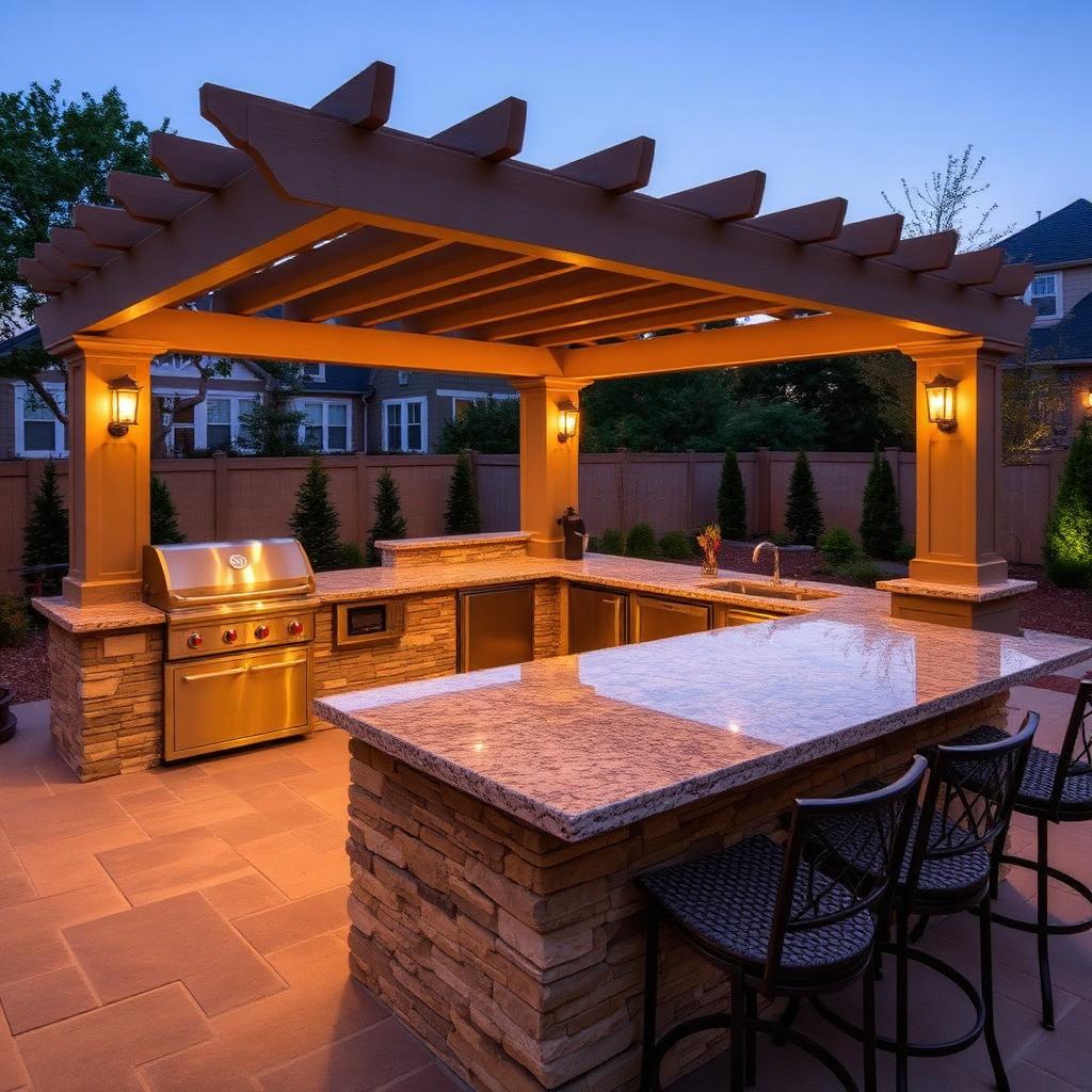 Outdoor kitchen with granite counters, built-in grill, and pergola