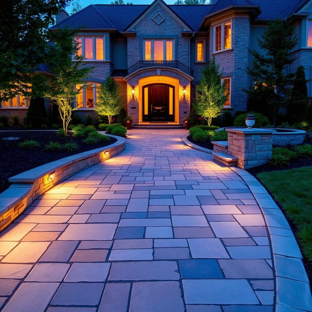 Curved bluestone walkway with landscape lighting leading to a luxury home