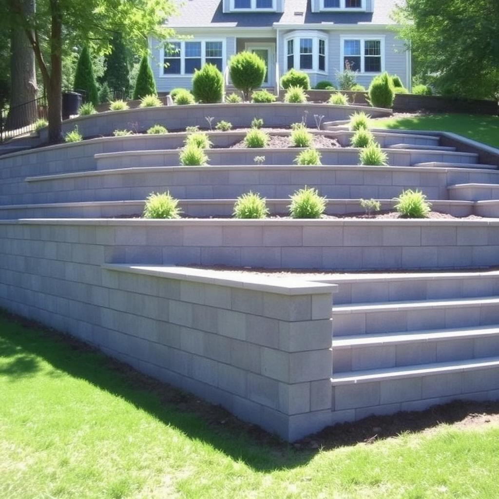 Tiered concrete block retaining walls with capstones and planted terraces